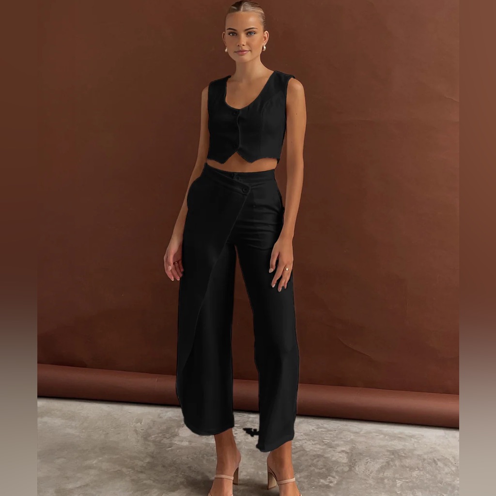 134 Solid Asymmetrical Straight Leg Pants Set